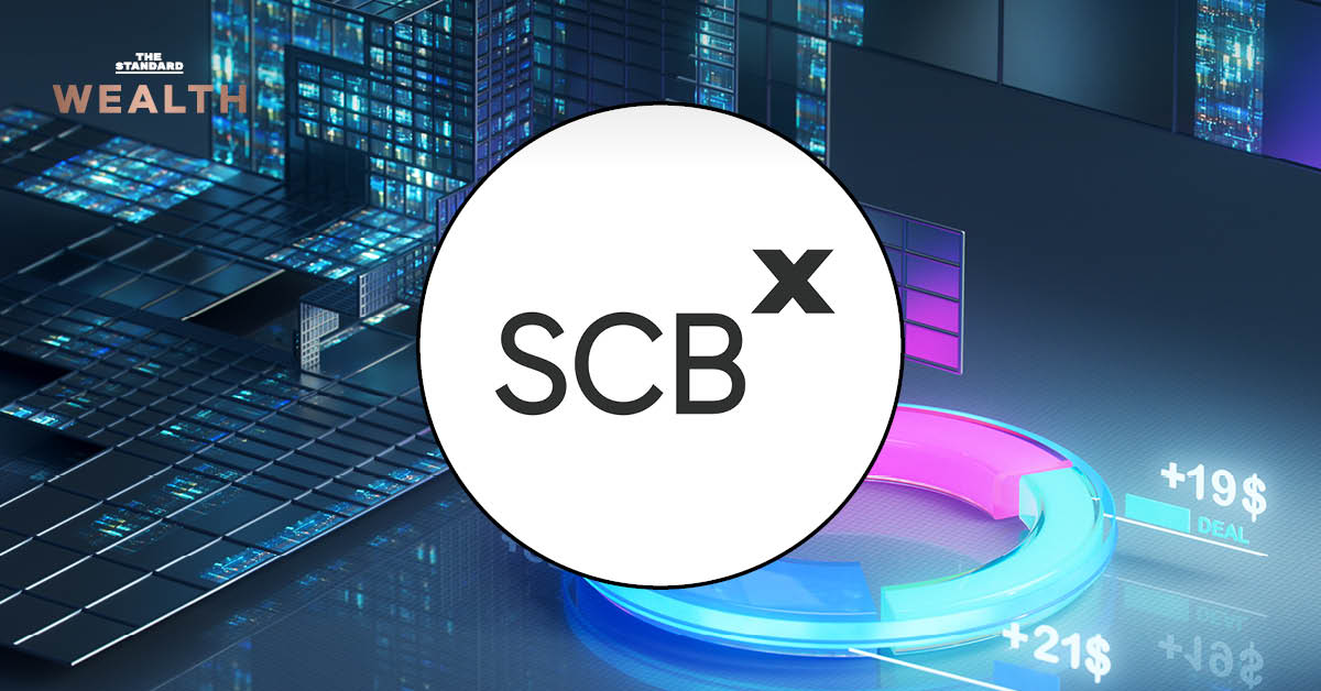 โลโก้ SCBX พร้อมชื่อ ‘แบงก์เอกซ์’ ในพื้นหลังเกี่ยวกับ Virtual Bank