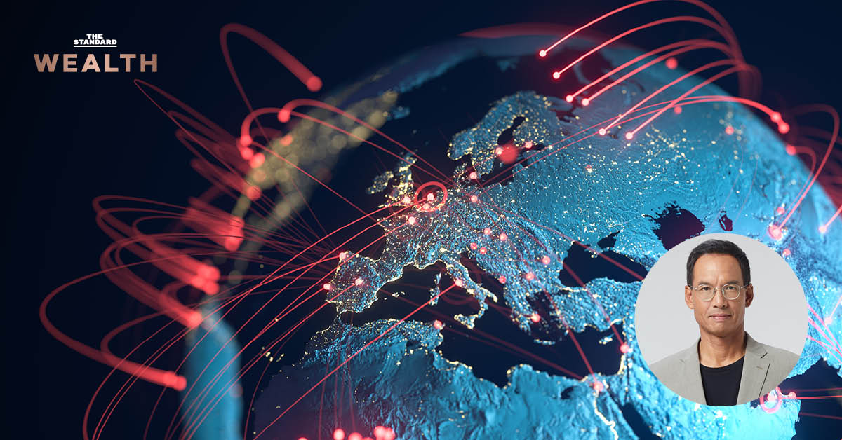 กรณ์ จาติกวณิช บนภาพประกอบแสดงถึงวิกฤตโลก พร้อมข้อความอธิบายผลกระทบสงครามอิหร่านต่อเศรษฐกิจไทย