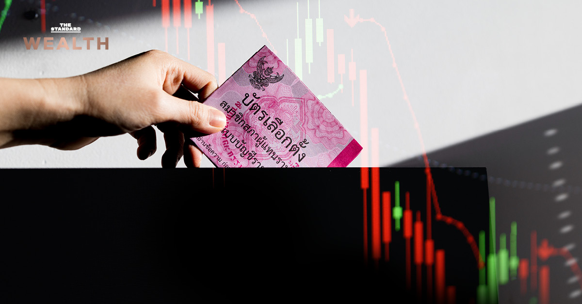 กราฟดัชนีตลาดหุ้นไทยและรูปบัตรเลือกตั้งสื่อถึงผลกระทบทางการเมืองต่อเศรษฐกิจ