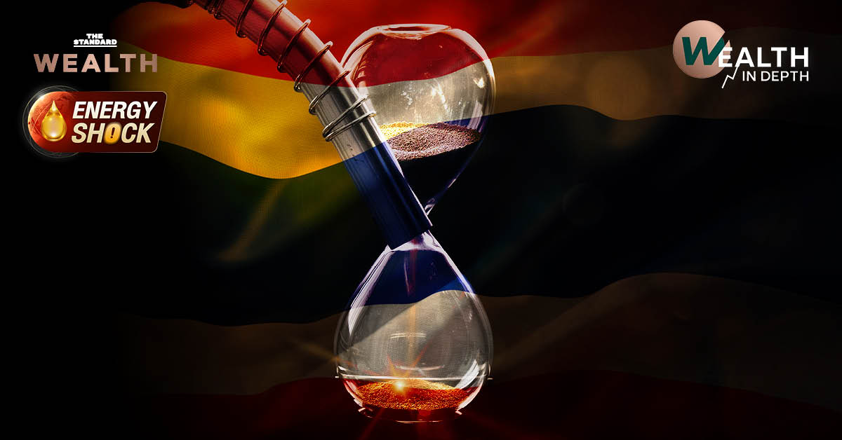 ภาพประกอบแนวคิดวิกฤตพลังงานและน้ำมันขาดแคลนในประเทศไทย มีธงชาติไทยและข้อความ ‘น้ำมันขาด’ น่ากลัวกว่า ‘น้ำมันแพง’