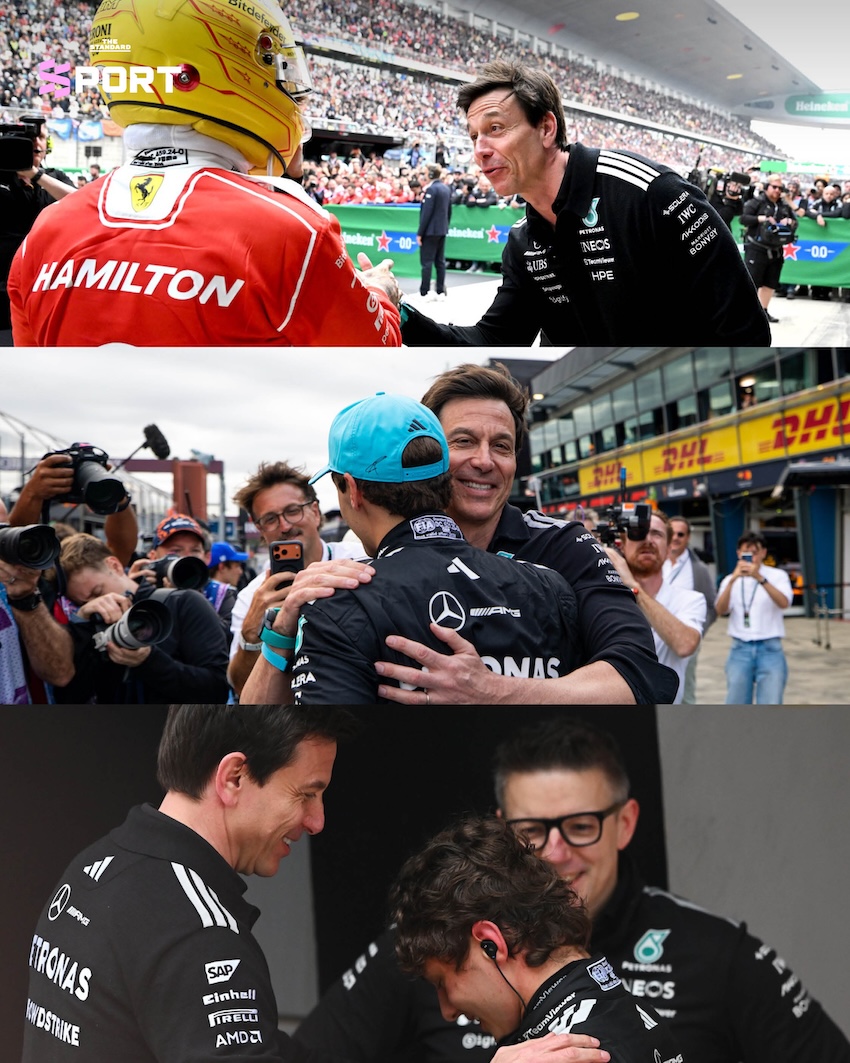 ภาพ โตโต้ โวล์ฟฟ์ ทีมบอส Mercedes F1 ผู้มีความสุขที่สุดกับการเห็น คิมิ อันโตเนลลี, จอร์จ รัสเซลล์ และ ลูอิส แฮมิลตัน บนโพเดียม 2