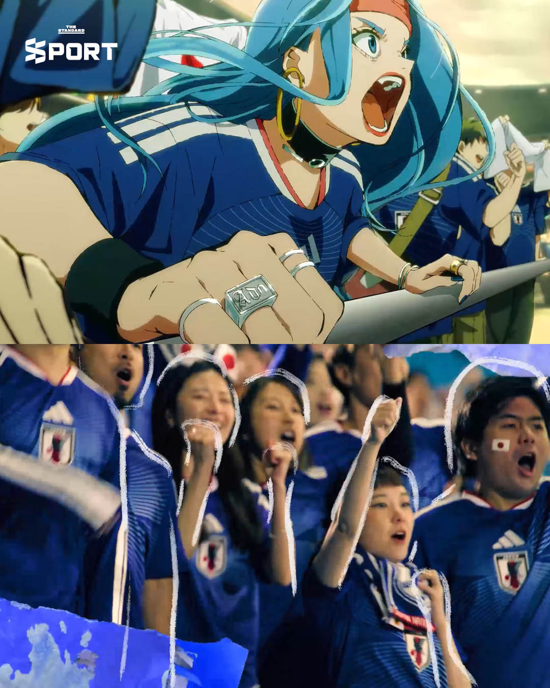 ภาพโปรโมตเพลง 'Kira' โดย Ado x adidas สำหรับชุดแข่งทีมชาติญี่ปุ่น ในสไตล์อนิเมะ 4