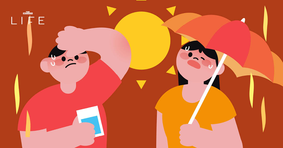 ภาพประกอบการใช้ชีวิตในวันที่กรุงเทพฯ อากาศร้อนจัด แสดงให้เห็นคนดื่มน้ำ, การแต่งกาย และวิธีการคลายร้อนต่างๆ