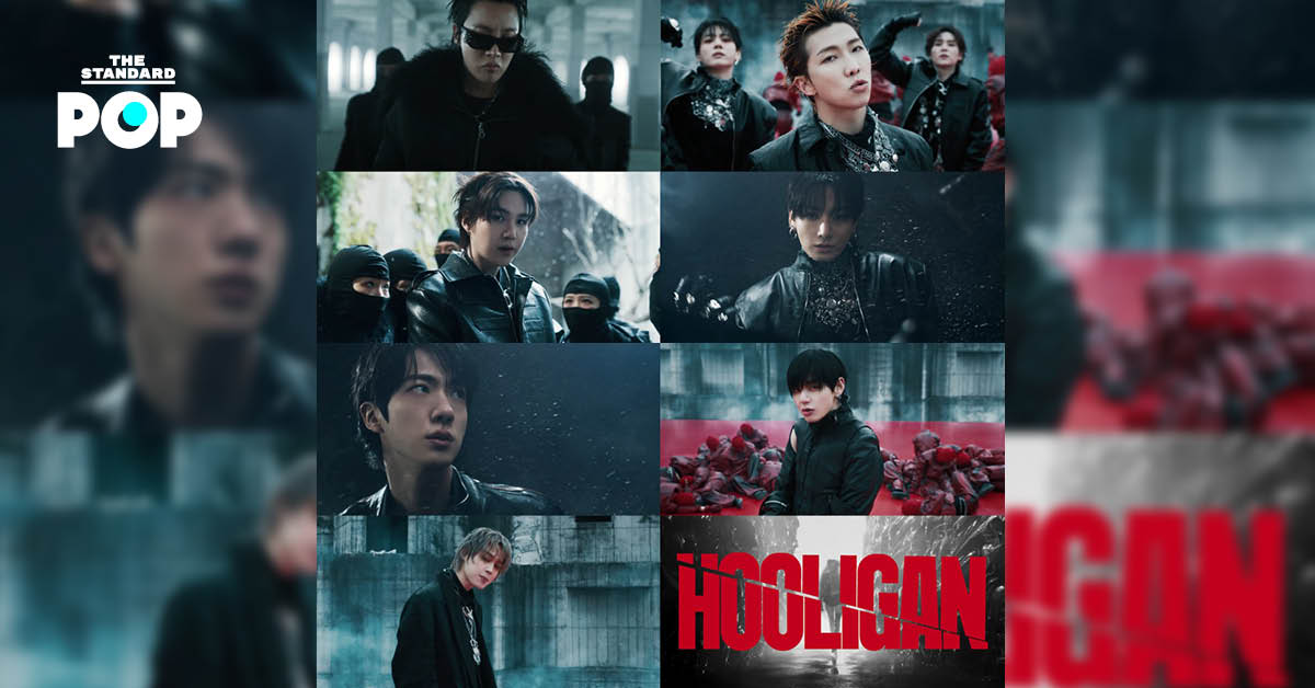 ภาพโปรโมทมิวสิกวิดีโอเพลง Hooligan ของวง BTS แสดงสมาชิกในชุดแข็งกร้าวและฉากสถาปัตยกรรม Brutalism
