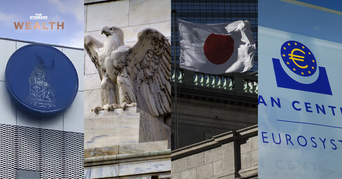 ภาพอินโฟกราฟิกแสดงแนวโน้มดอกเบี้ยทั่วโลก โดย 4 ธนาคารกลางหลัก สหรัฐฯ ยุโรป ญี่ปุ่น ไทย คาดการณ์ คงดอกเบี้ยสัปดาห์นี้