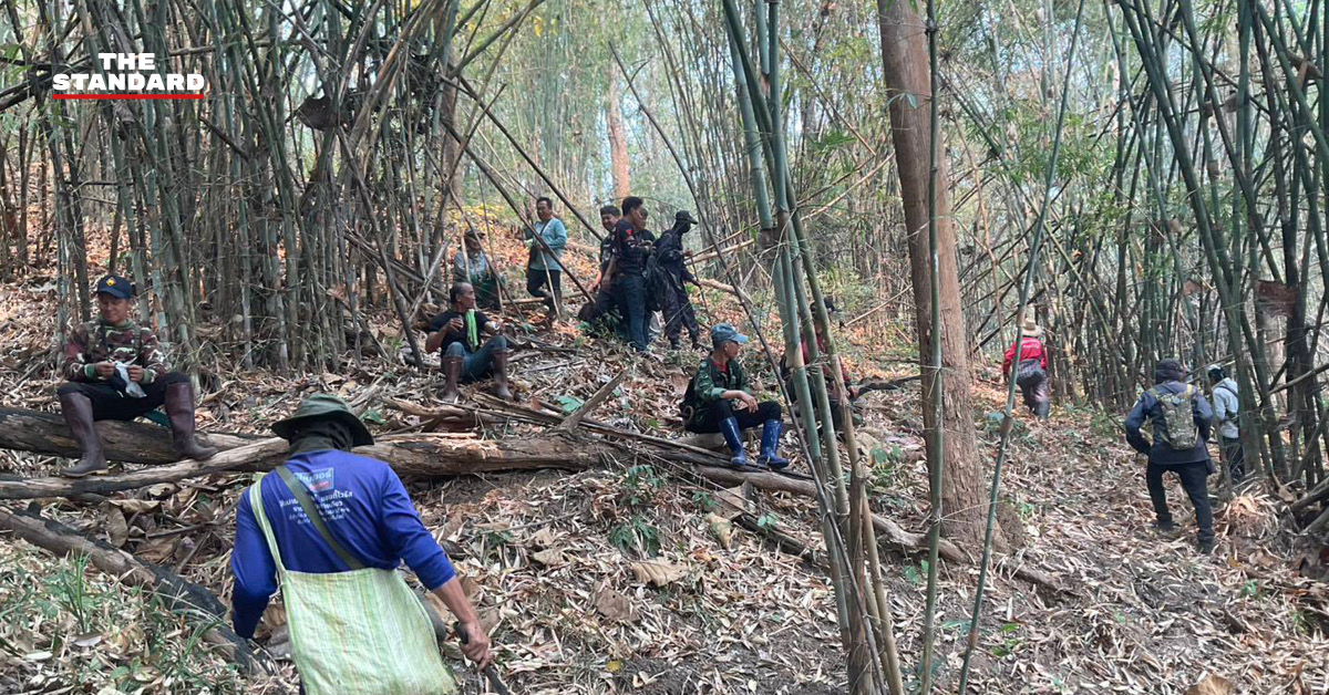 อาสาสมัครดับไฟป่ากำลังปฏิบัติหน้าที่ในป่าที่กำลังมีไฟไหม้และควันไฟหนาแน่น