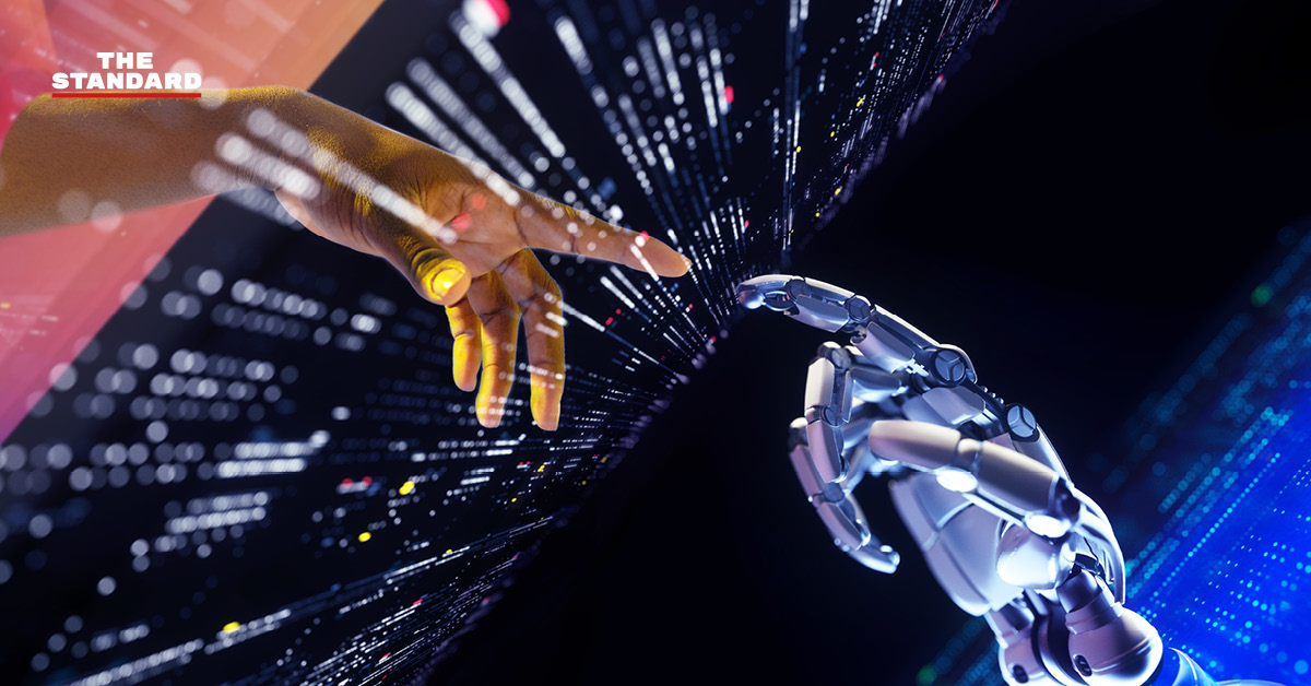 ภาพกราฟิกมนุษย์เสมือนและเทคโนโลยี AI พร้อมธงชาติจีน สื่อถึงมาตรการควบคุมของจีน