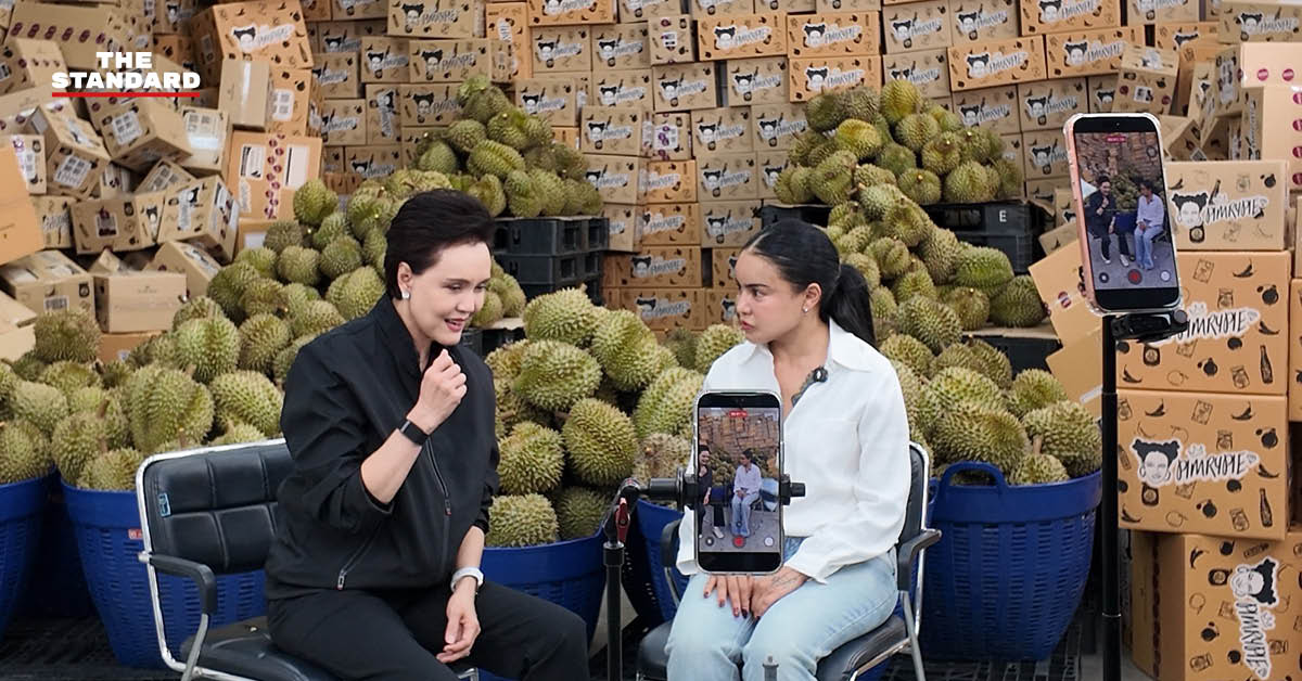 ภาพอินโฟกราฟิกแสดงแนวคิดการขายทุเรียนตัดสดจากสวนผ่าน Live Commerce โดยใช้อินฟลูเอนเซอร์เชื่อมโยงกับผู้บริโภค