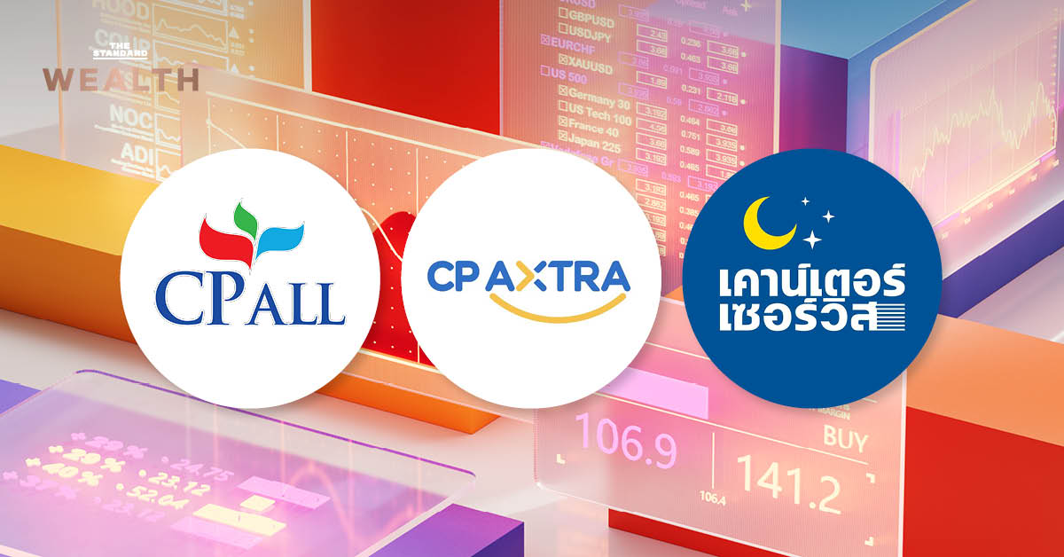 โลโก้ CPALL, CPAXT, เคาน์เตอร์เซอร์วิส วางอยู่บนภาพพื้นหลัง แสดงถึงข่าวที่บอร์ด CPALL เบรกข้อเสนอให้ร่วม Virtual Bank