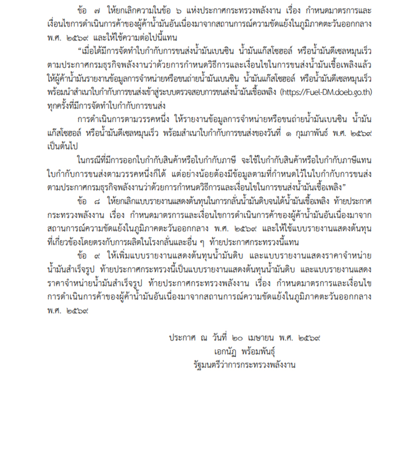 ภาพแสดงประกาศกระทรวงพลังงานเกี่ยวกับกฎเหล็กควบคุมผู้ค้าน้ำมันและโรงกลั่นให้รายงานข้อมูลการขาย ขนส่ง และต้นทุนน้ำมันเชื้อเพลิง 3