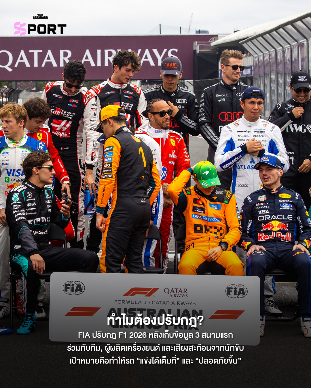 รถแข่ง F1 กำลังขับขี่ในสนาม แสดงถึงการปรับกฎ F1 2026 เพื่อเพิ่มประสิทธิภาพพลังงานและความปลอดภัย 1