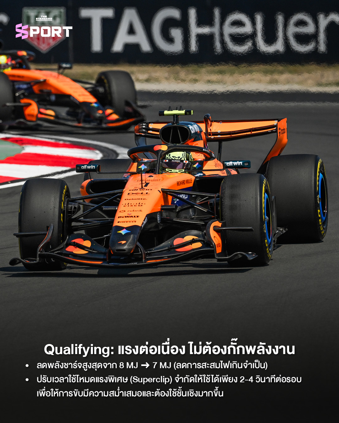 รถแข่ง F1 กำลังขับขี่ในสนาม แสดงถึงการปรับกฎ F1 2026 เพื่อเพิ่มประสิทธิภาพพลังงานและความปลอดภัย 2