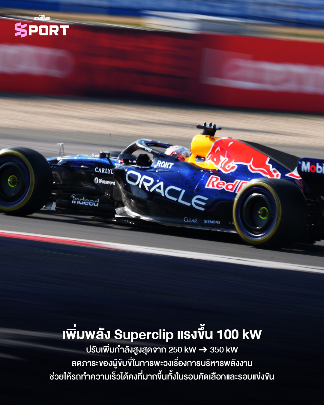 รถแข่ง F1 กำลังขับขี่ในสนาม แสดงถึงการปรับกฎ F1 2026 เพื่อเพิ่มประสิทธิภาพพลังงานและความปลอดภัย 3