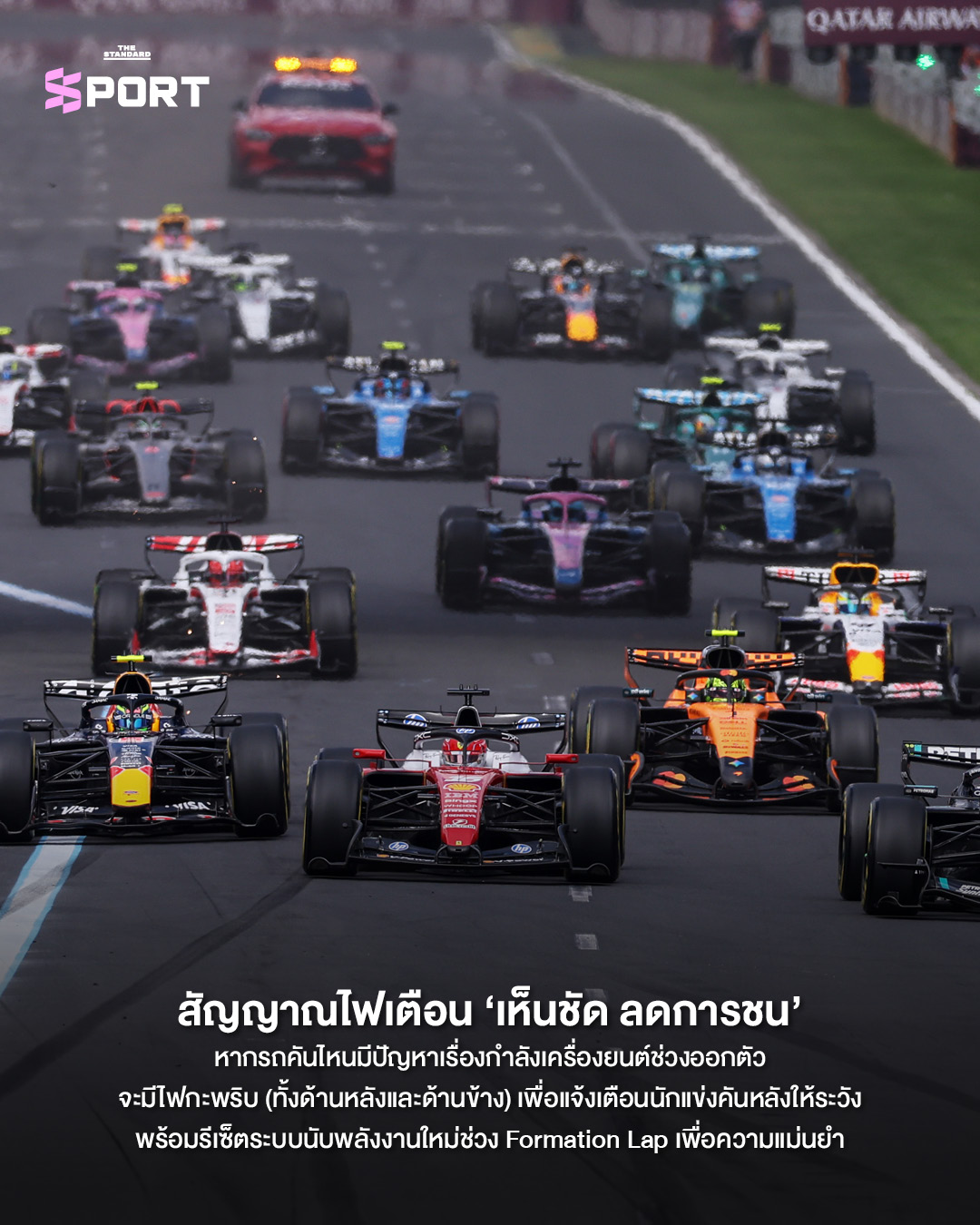 รถแข่ง F1 กำลังขับขี่ในสนาม แสดงถึงการปรับกฎ F1 2026 เพื่อเพิ่มประสิทธิภาพพลังงานและความปลอดภัย 7