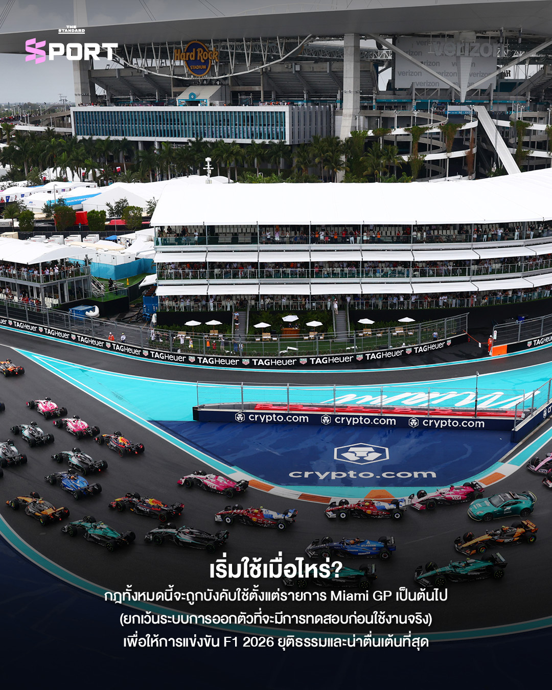 รถแข่ง F1 กำลังขับขี่ในสนาม แสดงถึงการปรับกฎ F1 2026 เพื่อเพิ่มประสิทธิภาพพลังงานและความปลอดภัย 9