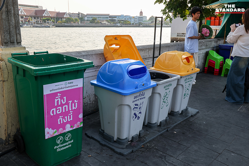 วัยรุ่น Gen Z ถ่ายภาพกับดอกบัวพับที่ สะพานพุทธ โดยมีถังขยะสำหรับแยกดอกบัวเพื่อทำปุ๋ย 13