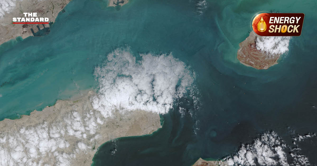 ภาพช่องแคบฮอร์มุซและข้อความคาดการณ์การกวาดล้างทุ่นระเบิดโดยเพนตากอน