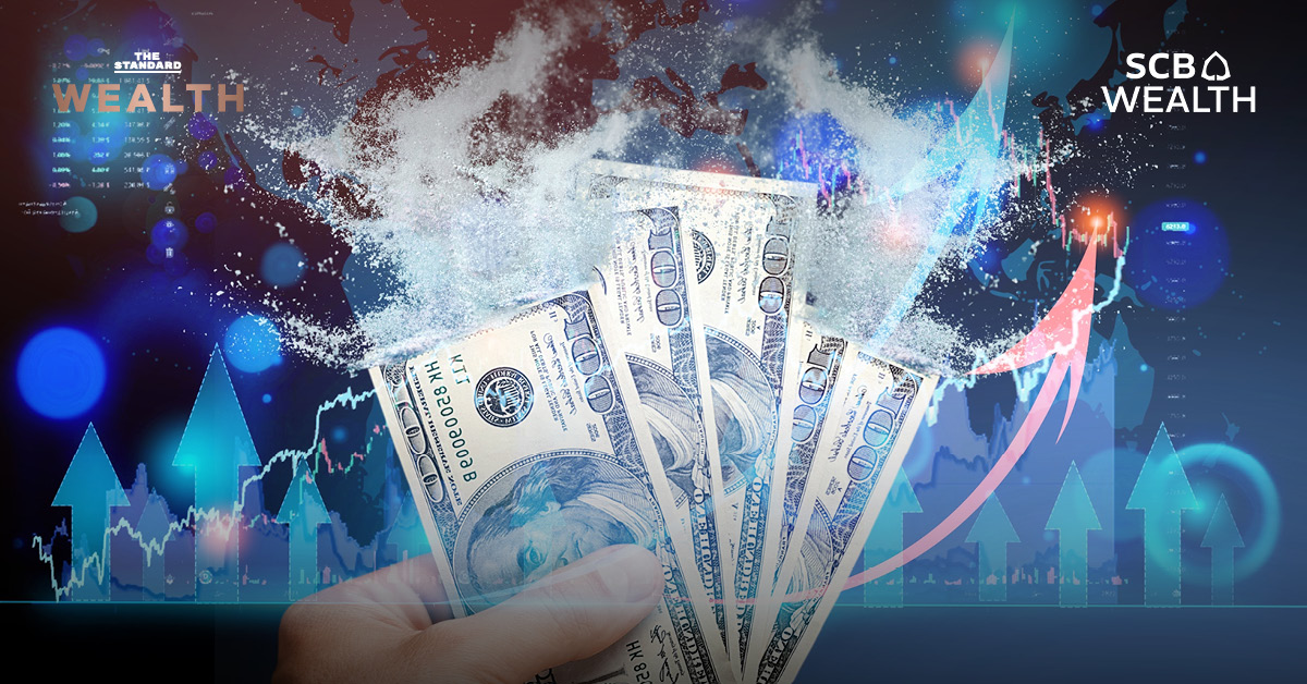 ภาพกราฟแสดงการคาดการณ์ GDP โลกและไทยที่ชะลอตัวลง พร้อมผลกระทบจากเงินเฟ้อและนโยบายดอกเบี้ยของ Fed