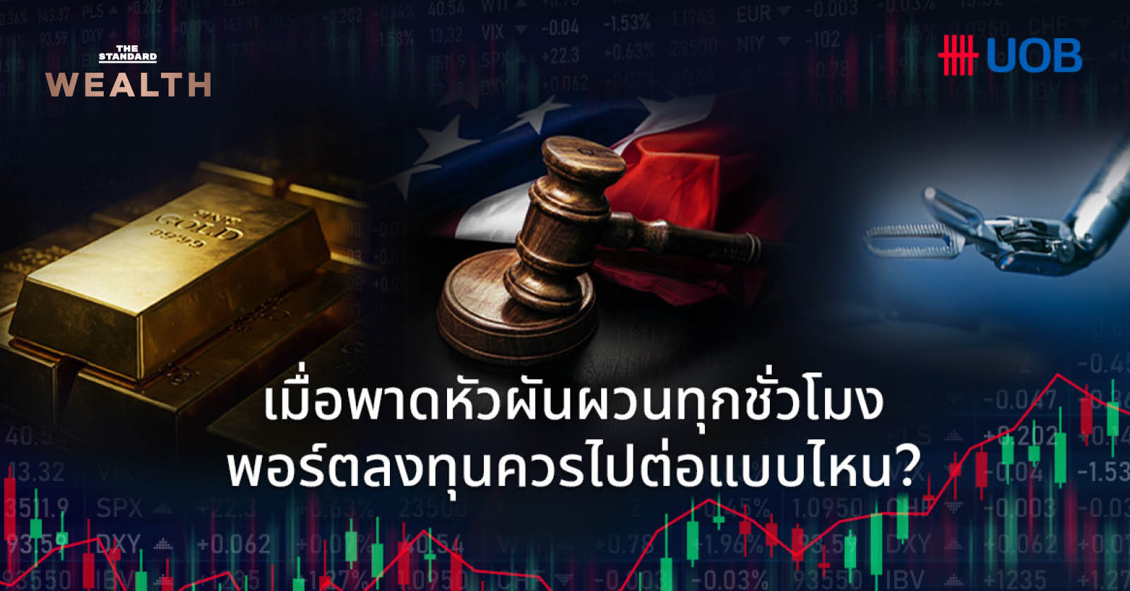 กราฟหุ้นและสัญลักษณ์การลงทุนแสดงถึงตลาดที่ผันผวนและไม่แน่นอน