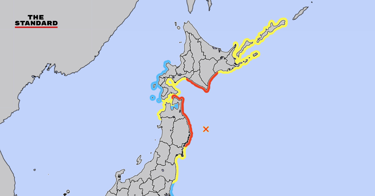 ภาพแสดงแผนที่เตือนภัยแผ่นดินไหวและสึนามิในญี่ปุ่น โดยกรมอุตุนิยมวิทยาญี่ปุ่น