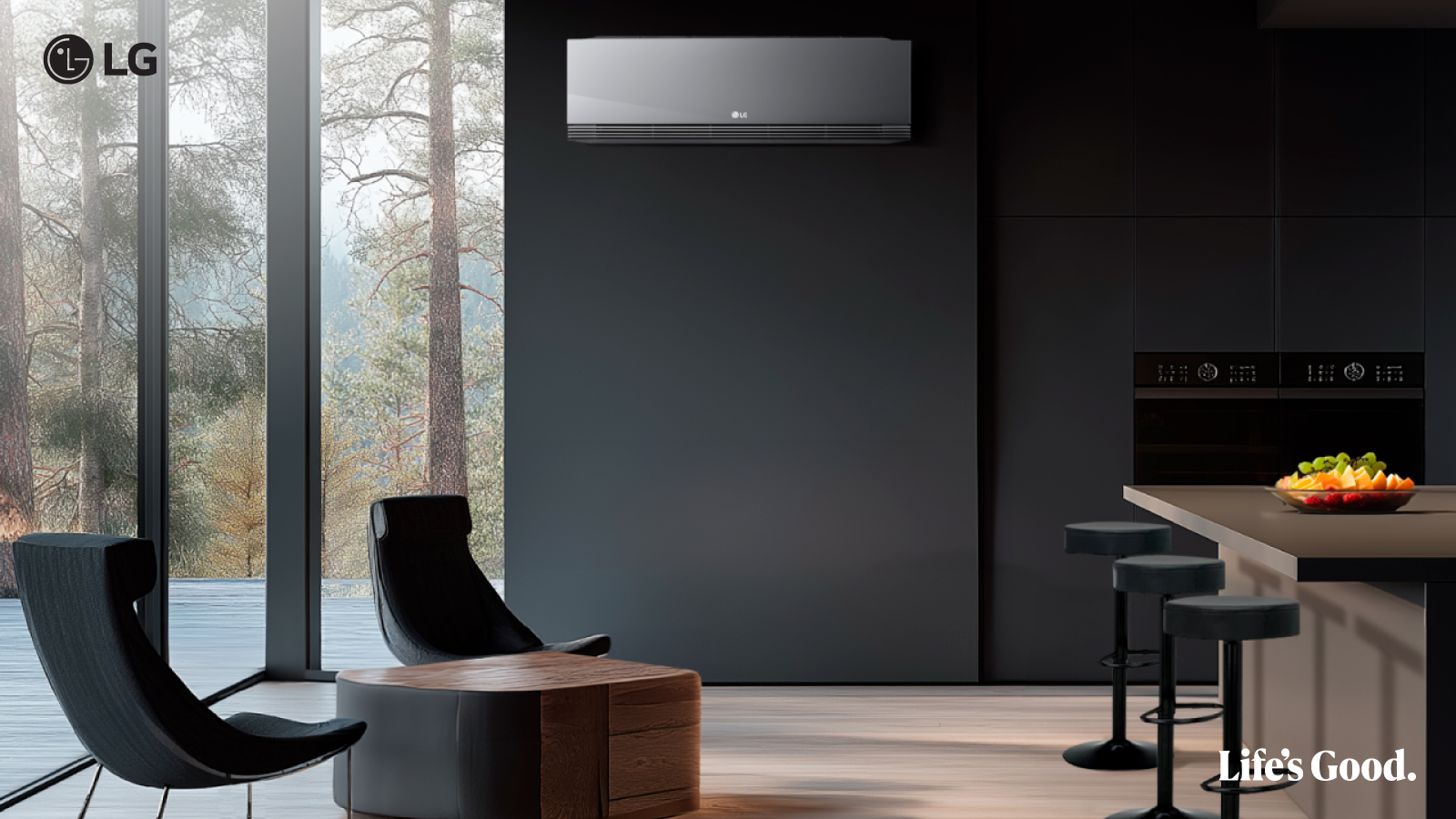 เครื่องปรับอากาศ LG ARTCOOL AI สีดำดีไซน์กระจกเงา แสดงถึงความหรูหราและนวัตกรรม 2