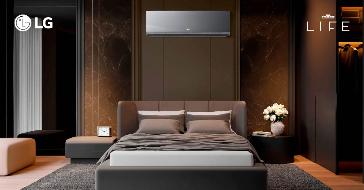 เครื่องปรับอากาศ LG ARTCOOL AI สีดำดีไซน์กระจกเงา แสดงถึงความหรูหราและนวัตกรรม