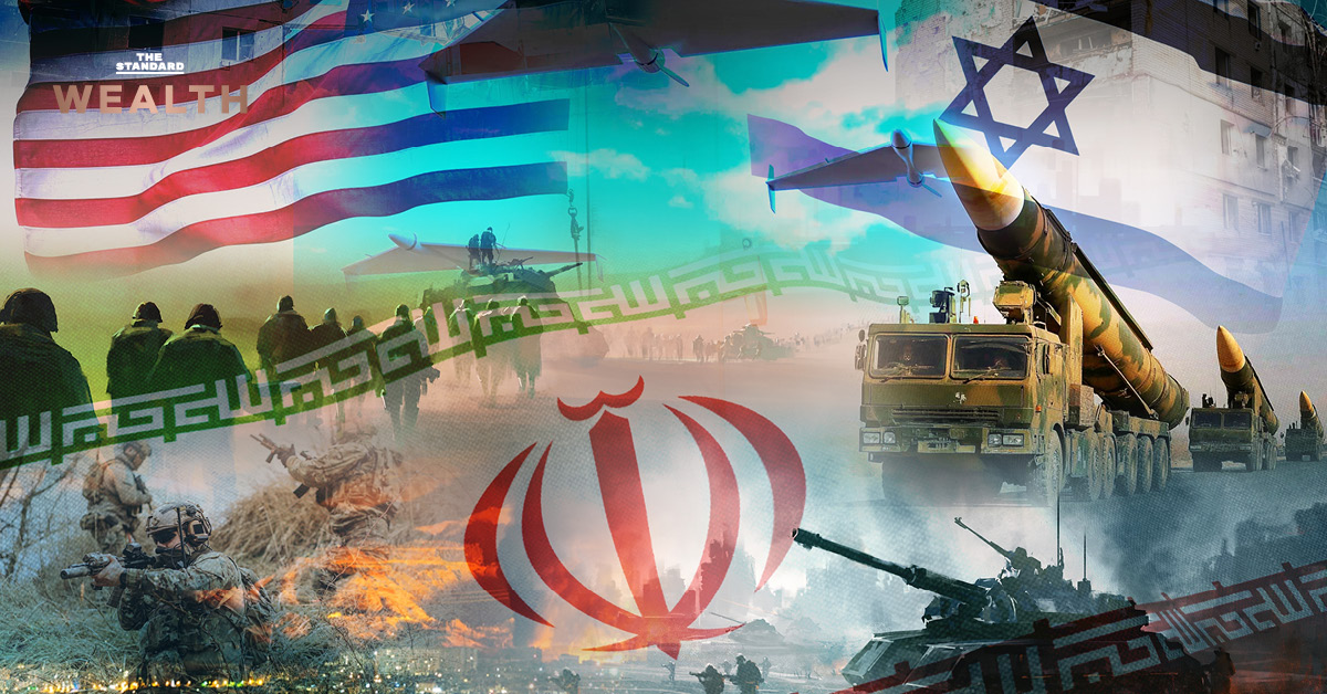 ภาพประกอบสงคราม อิหร่าน แสดงขีปนาวุธ รถถัง โดรน พร้อมข้อความบนภาพ 'เปิด 3 ฉากทัศน์ สงครามตะวันออกกลาง จุดจบคืออะไร?'