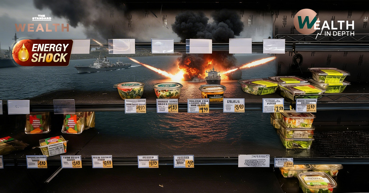 ภาพประกอบแสดงชั้นวางสินค้าที่ว่างเปล่า สื่อถึงการขาดแคลนพลาสติกและสินค้าอุปโภคบริโภค โดยมีฉากหลังเป็นภาพสงครามในตะวันออกกลางและการปิดช่องแคบฮอร์มุซ