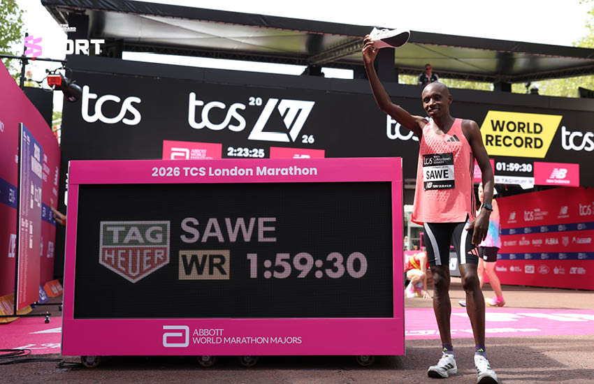 ภาพ Sabastian Sawe นักวิ่งมาราธอนชาวเคนยา ขณะเข้าเส้นชัยทำลายสถิติ Sub-2 ใน London Marathon 2