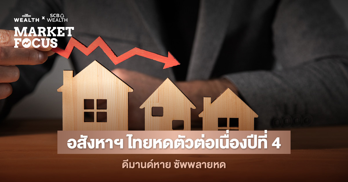 กราฟแสดงแนวโน้มตลาดอสังหาริมทรัพย์ไทยปี 2569 ที่มูลค่าโอนและโครงการใหม่หดตัวต่อเนื่อง