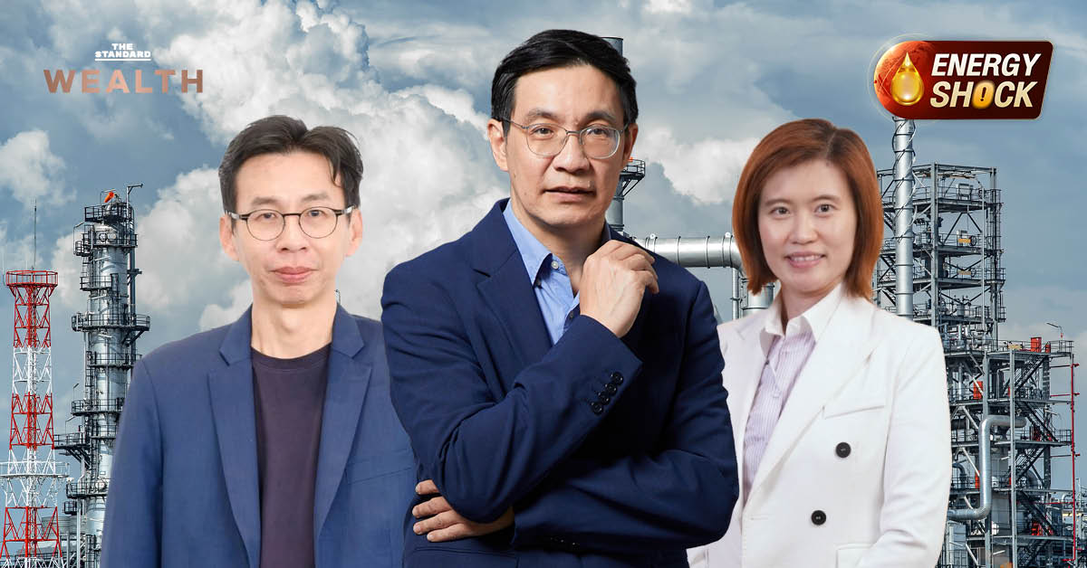 ดร.สมเกียรติ ตั้งกิจวานิชย์ พร้อมนักวิชาการ TDRI เสนอทางออกวิกฤตพลังงานระยะสั้น-ยาว โดยมีภาพโรงกลั่นเป็นฉากหลัง