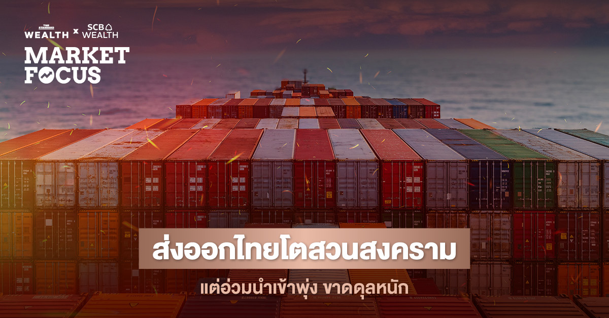 กราฟแสดงการส่งออกของไทยเดือนมีนาคมที่เติบโต 18.7% โดยมีสินค้าอิเล็กทรอนิกส์และตลาดสหรัฐฯ เป็นแรงหนุน พร้อมคำเตือนจาก SCB EIC เรื่องนำเข้าและตะวันออกกลาง