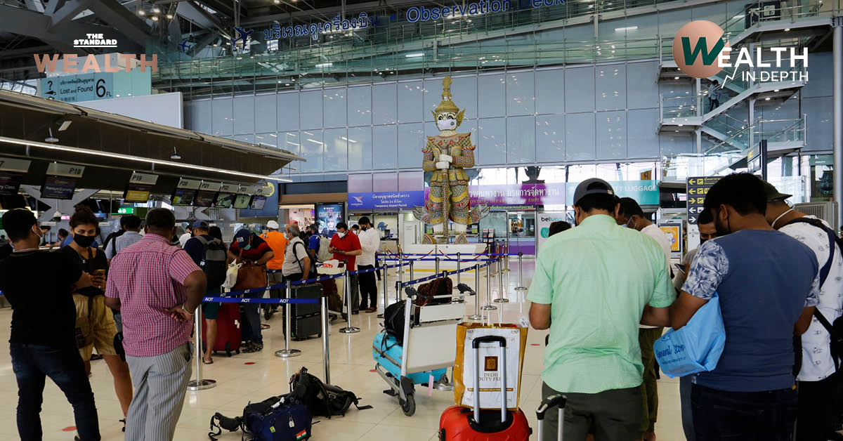 ภาพกราฟิกข้อความ ‘ภาษีเดินทางต่างประเทศ’ หัวละ 1,000 บาท และโลโก้ WEALTH IN DEPTH ประกอบบทความข่าวเศรษฐกิจ