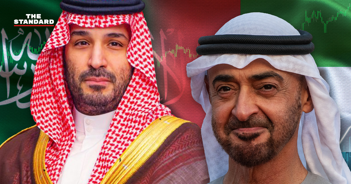 ภาพประกอบผู้นำสหรัฐอาหรับเอมิเรตส์และซาอุดีอาระเบีย ท่ามกลางธงชาติ สะท้อนความสัมพันธ์และความขัดแย้งในกลุ่ม OPEC