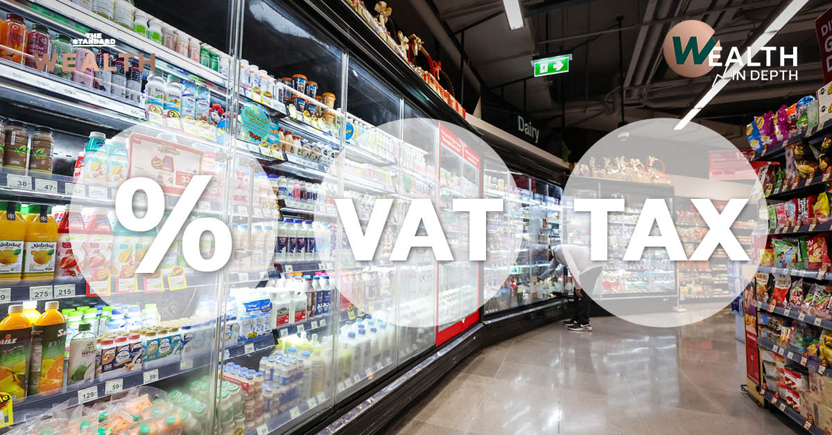 ภาพประกอบการคำนวณภาษีมูลค่าเพิ่ม (VAT) และตัวเลข 10% พร้อมกราฟแสดงแนวโน้มเศรษฐกิจ