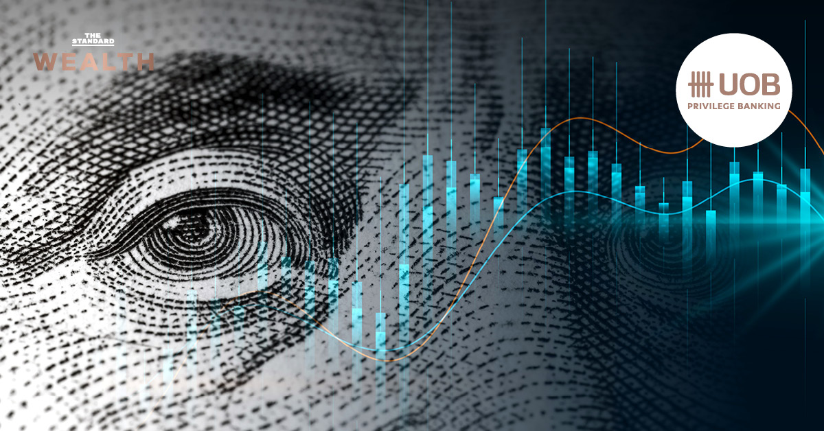 ภาพกราฟิกแสดงแนวโน้มตลาดหุ้นและราคาน้ำมันที่ผันผวนจากเหตุการณ์ความขัดแย้งทางภูมิรัฐศาสตร์ พร้อมข้อความเกี่ยวกับโอกาสในการลงทุน