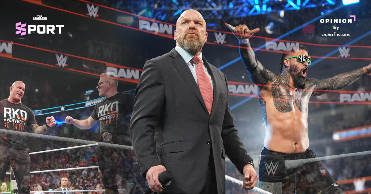 ภาพนักมวยปล้ำ WWE บนเวที พร้อมสัญลักษณ์ 'Dislike' และโลโก้ Triple H สื่อถึงวิกฤตคุณภาพของ WWE