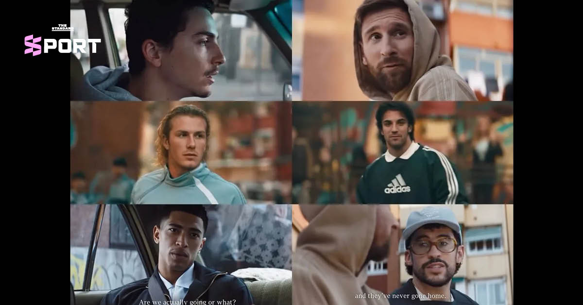 ภาพโปสเตอร์แคมเปญ "A Legend is Born" จาก adidas สำหรับฟุตบอลโลก 2026 ที่นำ Timothée Chalamet และนักฟุตบอลระดับโลกมาสร้างสรรค์เป็นงานสไตล์ภาพยนตร์