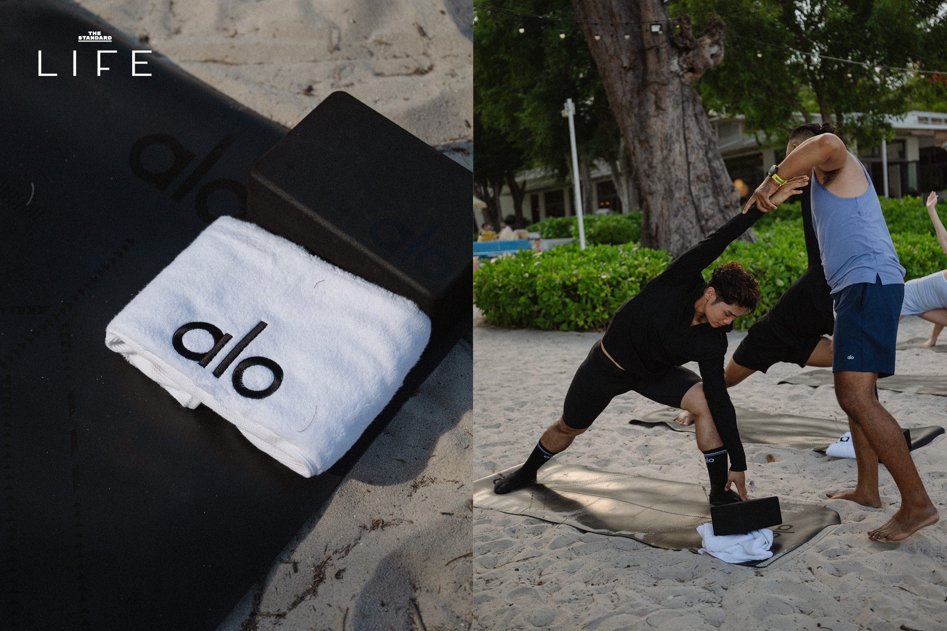 กลุ่มคนกำลังเล่นโยคะริมชายหาดหัวหินในกิจกรรมของ Alo ที่ The Standard, Hua Hin 2