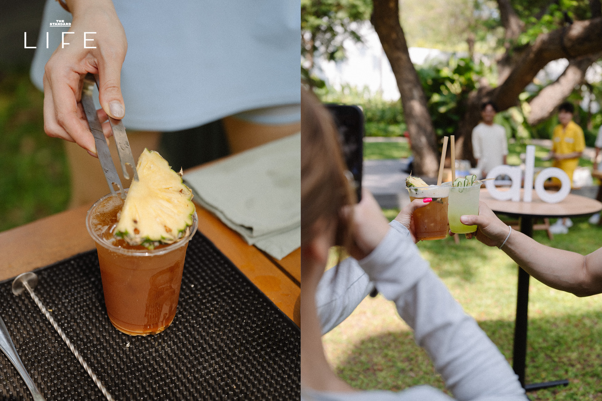 กลุ่มคนกำลังเล่นโยคะริมชายหาดหัวหินในกิจกรรมของ Alo ที่ The Standard, Hua Hin 6