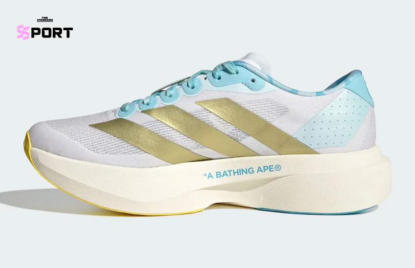 รองเท้า BAPE x adidas ADIZERO EVO SL สีฟ้าอ่อนและชมพูอ่อนแบบคู่สลับกัน