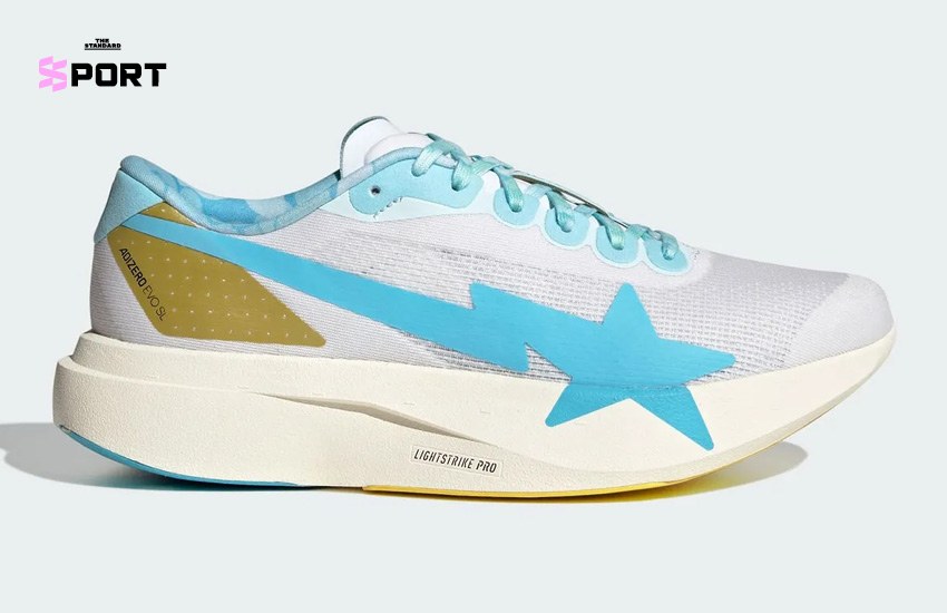รองเท้า BAPE x adidas ADIZERO EVO SL สีฟ้าอ่อนและชมพูอ่อนแบบคู่สลับกัน 1