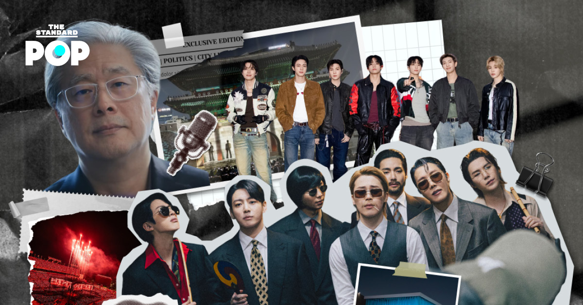 ภาพคอลลาจวง BTS จากอัลบั้ม ARIRANG ที่ผสมผสานภาพคอนเสิร์ต สถานที่สำคัญ และวัฒนธรรมเกาหลี พร้อมชื่อคอลัมน์ POP PULSE