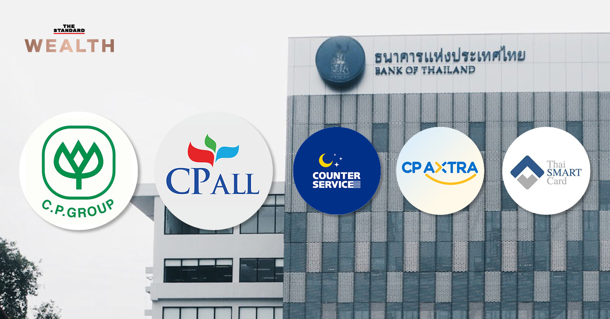 ภาพอาคารธนาคารแห่งประเทศไทย พร้อมโลโก้ CPALL และ CP Group ประกอบข่าวผู้ถือหุ้น CPALL โหวตไม่เห็นด้วยกับการแยกธุรกิจเพื่อ Virtual Bank
