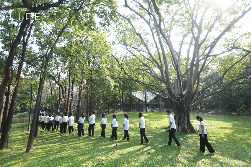 ภาพคนเดินเท้าเปล่าบนผืนหญ้าในสวนธรรมชาติ เพื่อสื่อถึงการทำกราวด์ดิ้งและผ่อนคลายความเครียดในกรุงเทพฯ 8
