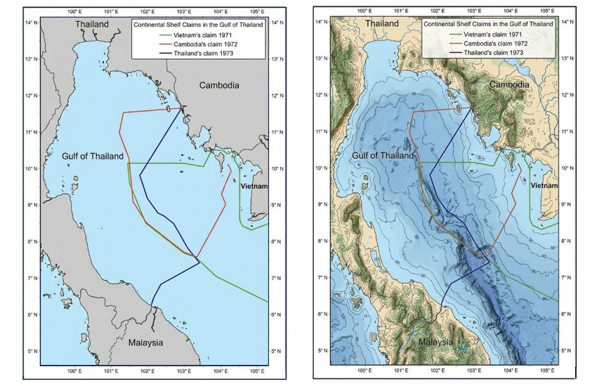 โลโก้ UNCLOS บนพื้นหลังธงชาติไทยและกัมพูชา สื่อถึงความขัดแย้งเขตแดนทางทะเล 1