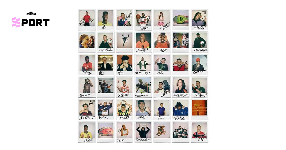 ภาพชุดใหม่จากแคมเปญ Summer Football ของ Nike แสดงคนดัง 42 คนเรียงกันบนสแตนด์ในลุคเท่ๆ บนพื้นหลังสีดำ
