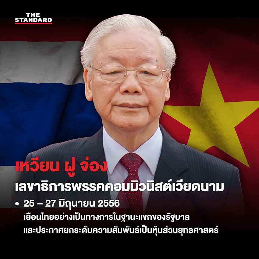 ภาพรวมอดีตผู้นำเวียดนามที่เคยเยือนประเทศไทย โดยมีธงชาติไทยและเวียดนามเป็นฉากหลัง 3