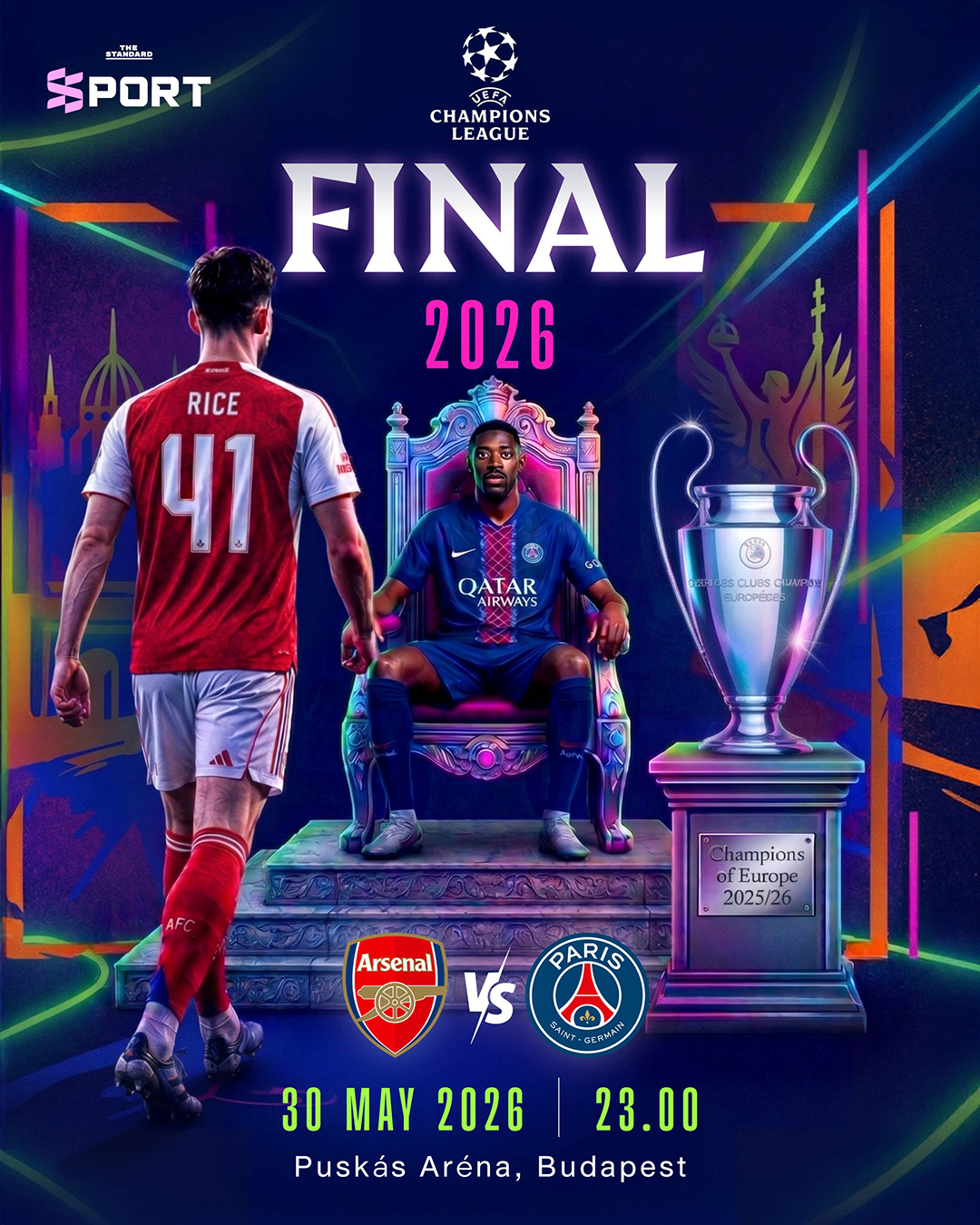 โปสเตอร์ UCL Final 2025/26 แสดงนักฟุตบอลอาร์เซนอลชุดแดงท้าทายปารีส แซงต์ แชร์กแมงชุดน้ำเงินที่ยืนข้างถ้วยแชมป์ 1