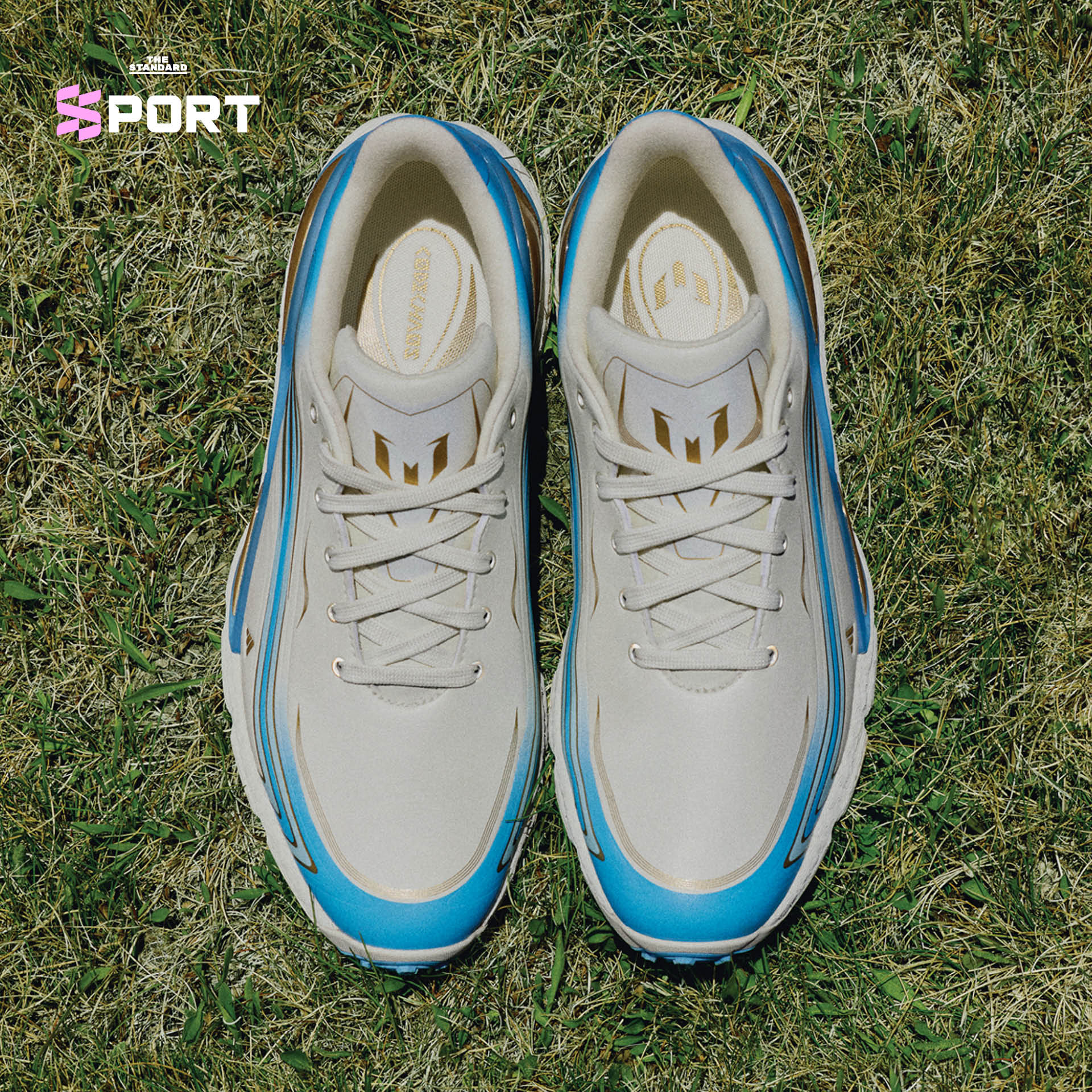 รองเท้ากอล์ฟ adidas CODECHAOS Messi รุ่นพิเศษ สีงาช้าง ทอง และฟ้าอ่อน 2
